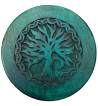 Carved with an image of Yggdrasil this green altar table is accented with varying colors.