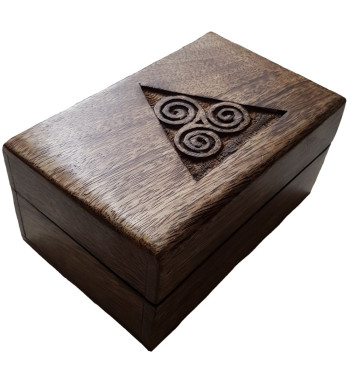 The wooden Triskele box measures four inches by six inches.