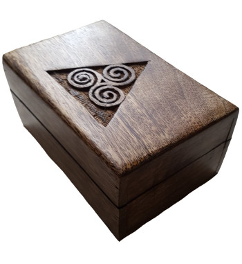 The wooden Triskele box measures four inches by six inches.