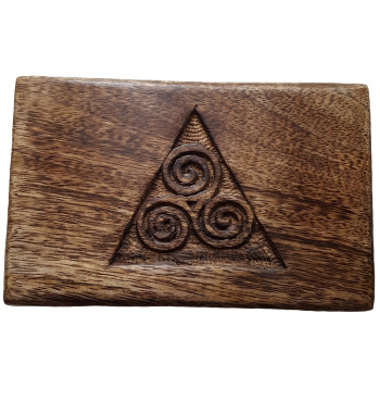 The wooden Triskele box measures four inches by six inches.