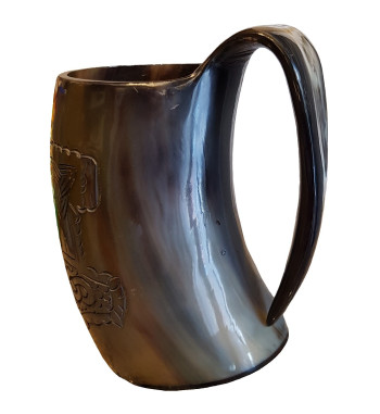 Thor's Hammer Drinking Horn Tankard showing the engraving from the side.