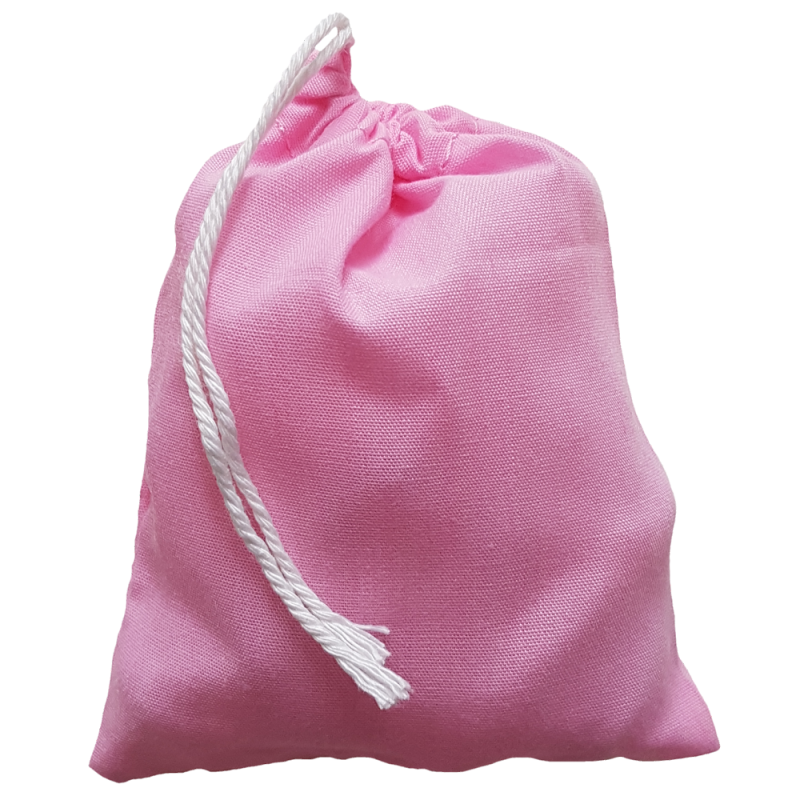 Three inch by four inch pink cotton rune bag with white drawstring.  Shown closed holding a stone rune set.