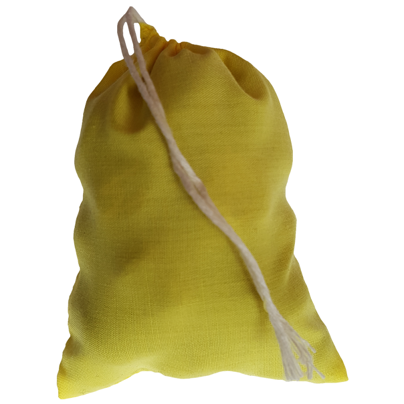 Three inch by four inch yellow cotton rune bag with white drawstring.  Shown closed holding a stone rune set.