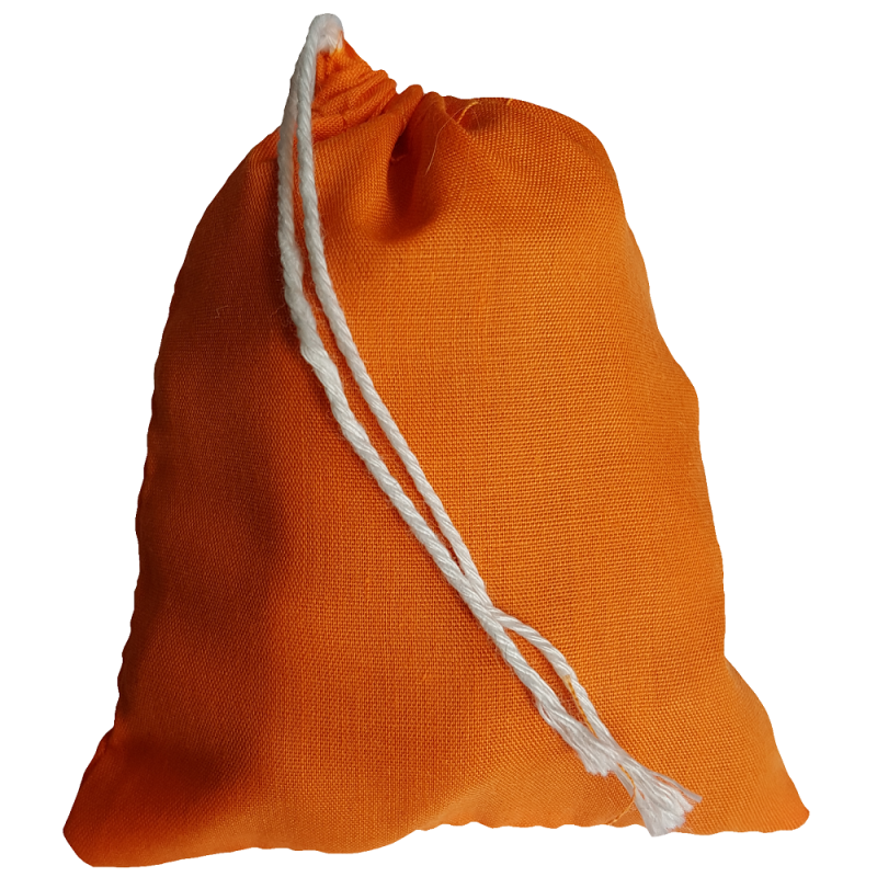 Three inch by four inch orange cotton rune bag with white drawstring.  Shown closed holding a stone rune set.