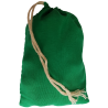 Three inch by four inch green cotton rune bag with white drawstring.  Shown closed holding a stone rune set.