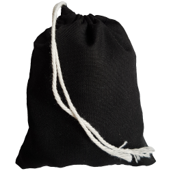 Three inch by four inch black cotton rune bag with white drawstring.  Shown closed holding a stone rune set.