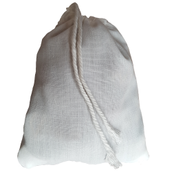 Three inch by four inch white cotton rune bag with white drawstring.  Shown closed holding a stone rune set.